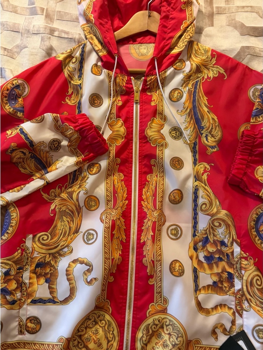 Versace Red, Gold & White Baroque Hooded Jacket